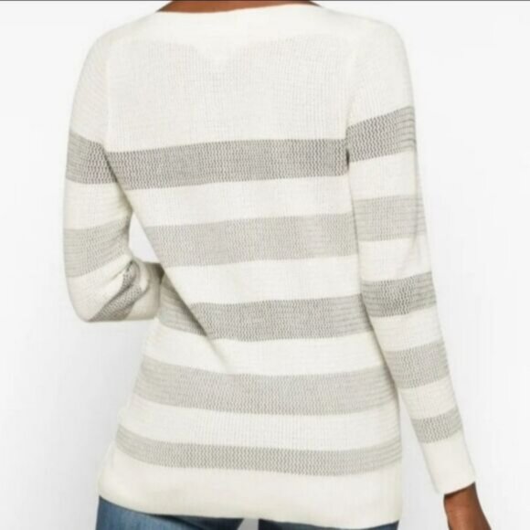 Market & Spruce Ivory Gray Striped Tawnee Waffle Knit Sweater Size XL - Picture 2 of 5